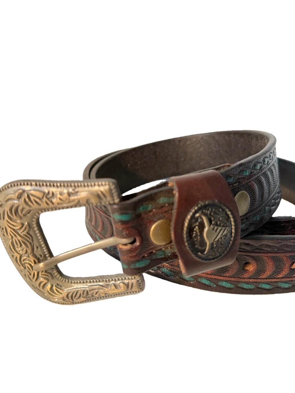 American Bison Mens Brown Teal 42”-46” Tooled Leather Belt Sz XL 1 1/2" Wide